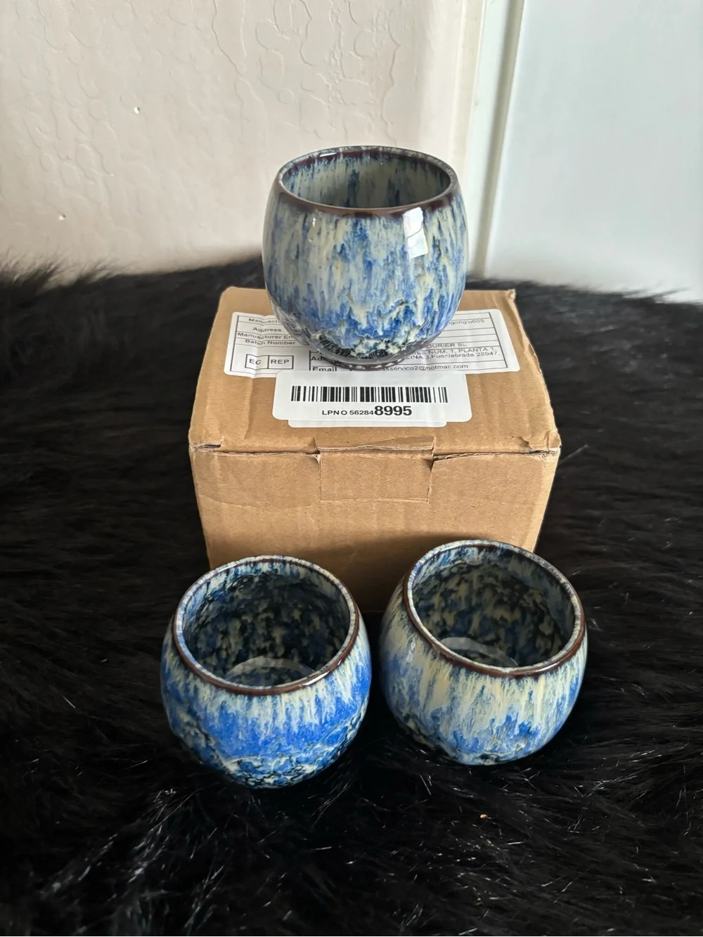 NWT Handcrafted Blue and Cream Glazed Ceramic Tea Cup Drinkware Set - Unbranded